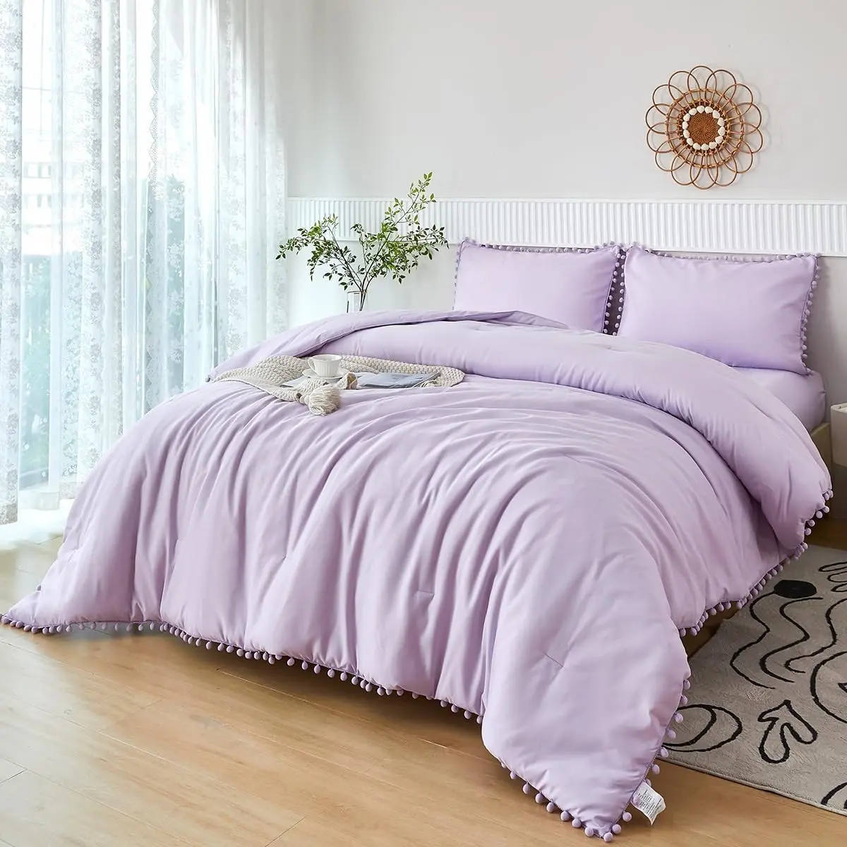 Twin Lavender Purple 5-Piece Boho Solid Bedding In-A-Bag Set - Soft Microfiber Comforter & Sheet Set with Pompoms, Aesthetic Design for Girls, Focused on Softness
