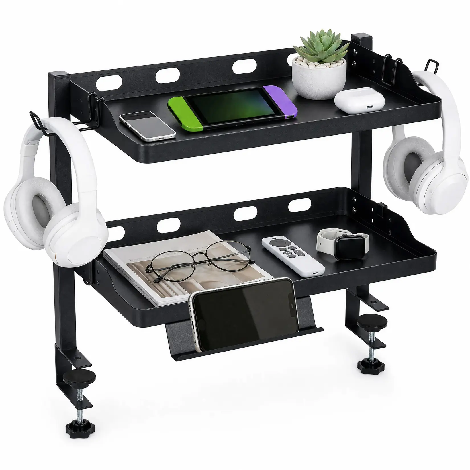 Adjustable 2-Tier Clamp-On Desk Shelf – Under-Desk & Desktop Storage Organizer with Phone and Tablet Stand, Removable Hooks, Durable Steel Construction, Space-Saving Hidden Storage Rack for Office and Gaming Desks