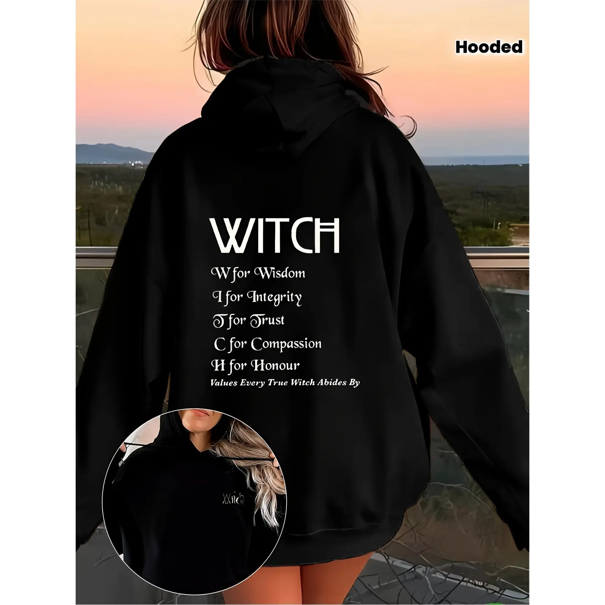 Women's Witch-Themed Hoodie - Black Hooded Sweatshirt with Wiccan Values - Wisdom, Integrity, Compassion, Honour - Drawstring Hood for Halloween, Witchcraft, Everyday Casual Outfits - Year-Roun