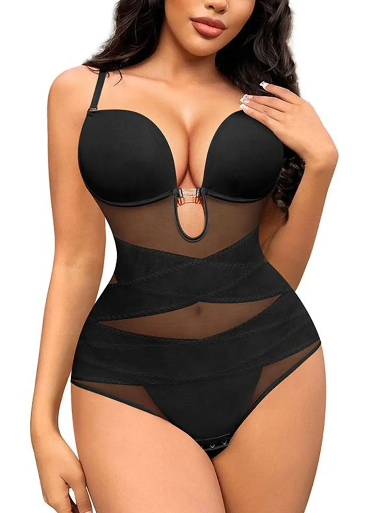 Women Sexy Deep V Open Back Mesh Fit Shapewear Bodysuit Tummy Control Built in Cup Soft Underwire