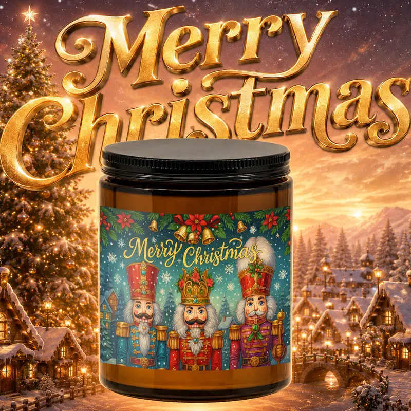 Blue Winter Three Nutcrackers Inspired Candle, Floral Candle, 1Pc Scented Jar Aromatherapy Candle For Home Office Decor With Merry Christmas Quote, Holiday, Perfect Gifts For Family Friend Coworker, Nutcracker Christmas Decor