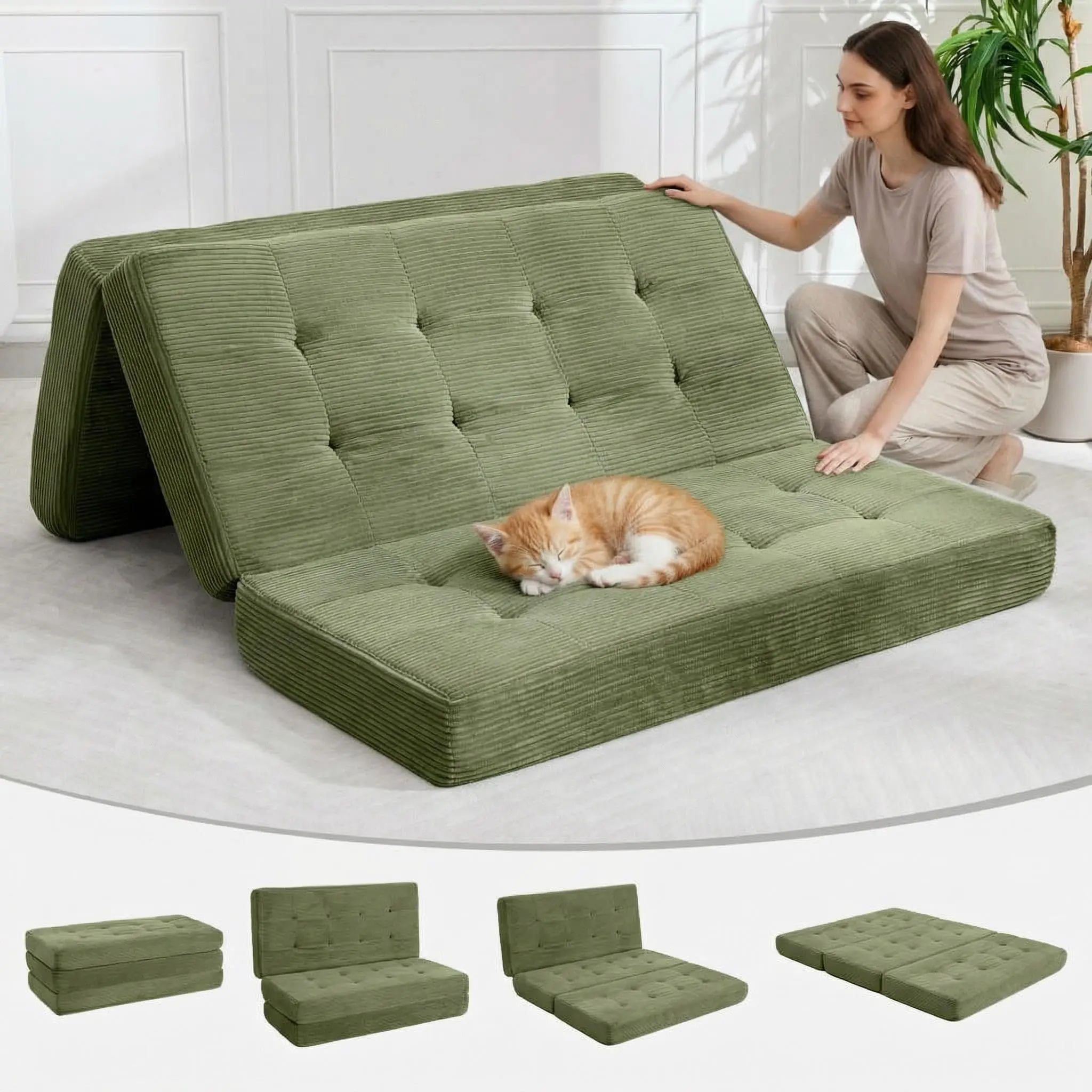 Garvee Tri-Fold Folding Floor Mattress Sofa Bed - 6" Portable Guest Bed with Tufted Chenille & Corduroy, High-Density Foam - Twin Size Futon for Bedroom, RV, Camping - Versatile Floor Sofa