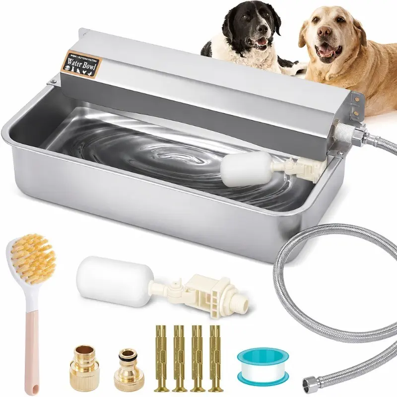 304 Stainless Steel Automatic Livestock Water Bowl, 1.59gal Self-Filling Pet Water Dispenser with Dual Float Valves, Wall-Mounted Outdoor Waterer for Dog Horse Chicken Goat Cattle, Easy Clean Drainage Design for Farm Yard Pasture Indoor Outdoor