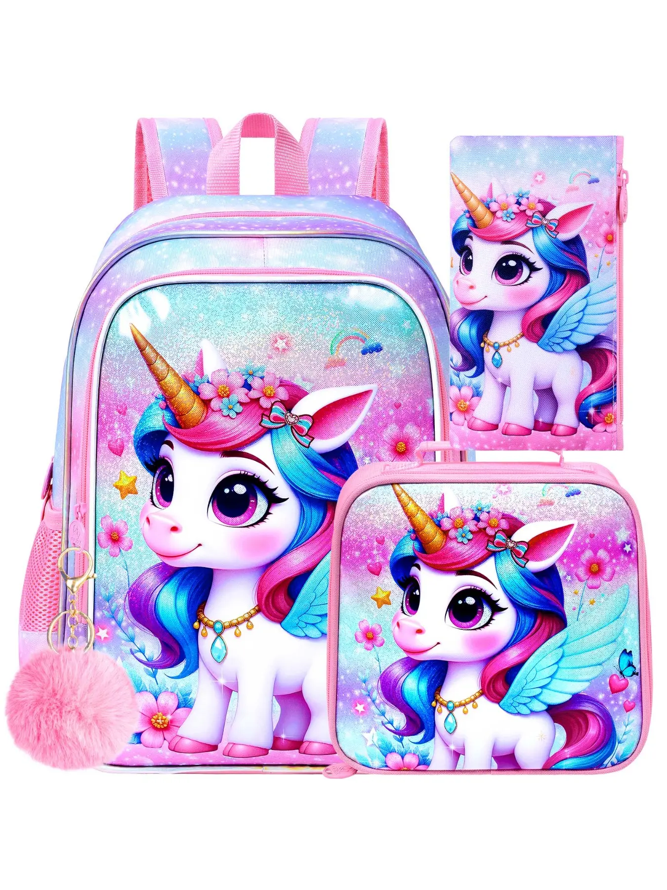 3PCS Unicorn Backpack for Girls, 16" Glittery UV Printing Kids Bookbag/School Bag with Lunch Box & Pencil Bag for Preschool to Elementary - Flying Unicorn