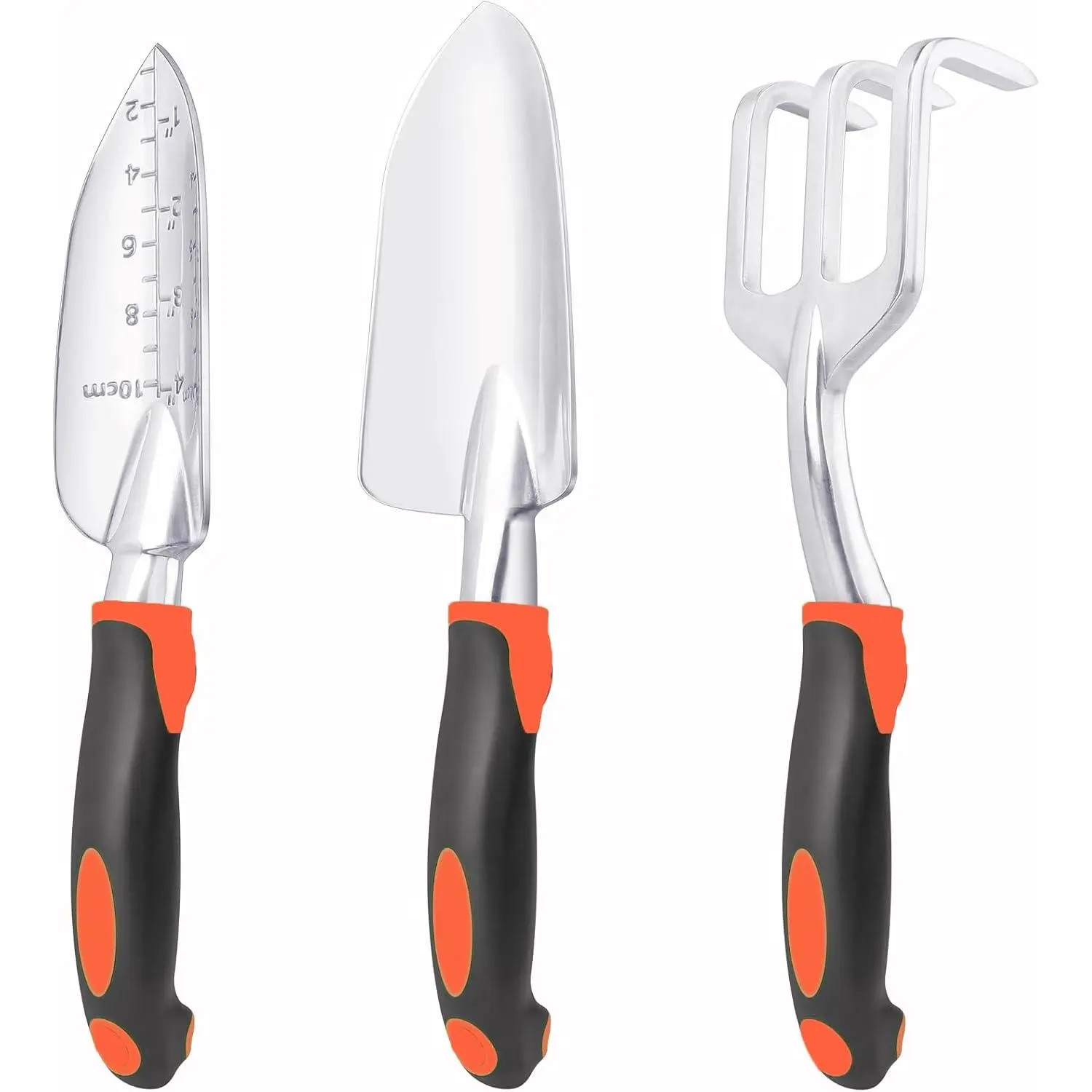 Heavy Duty Garden Tools 3-Tool Pack - Aluminum Alloy Shovel, Trowel, Rake with Ergonomic Handles for Inches-Sized Planting Tasks, Orange Heavy Duty Set
