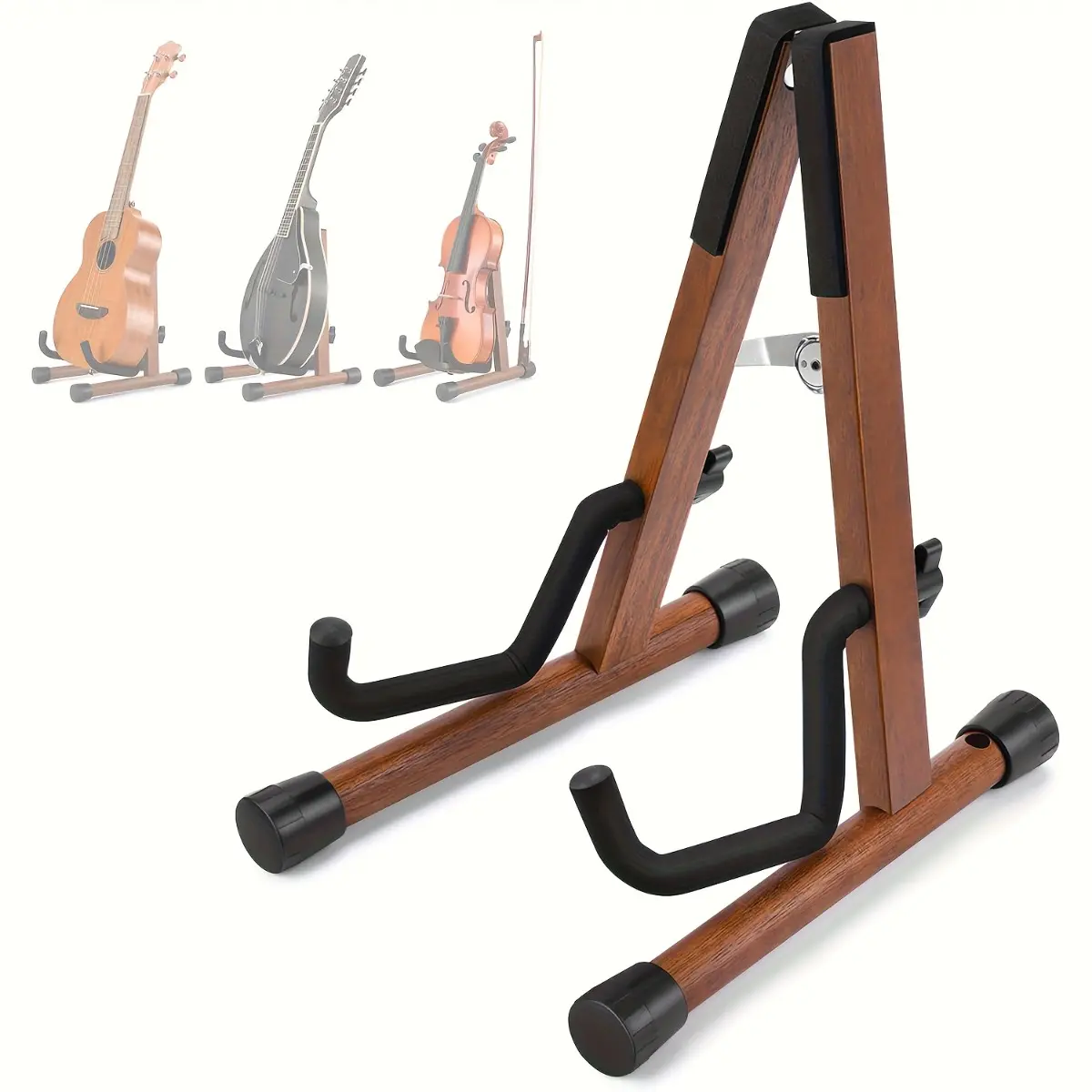 Walnut Wood Finish Wooden A-Frame Guitar Stand - Foldable Floor Stand for Acoustic, Electric Guitars, Ukulele & Banjo - Portable Musical Instrument Display Holder for Home Studio and Stage Performance