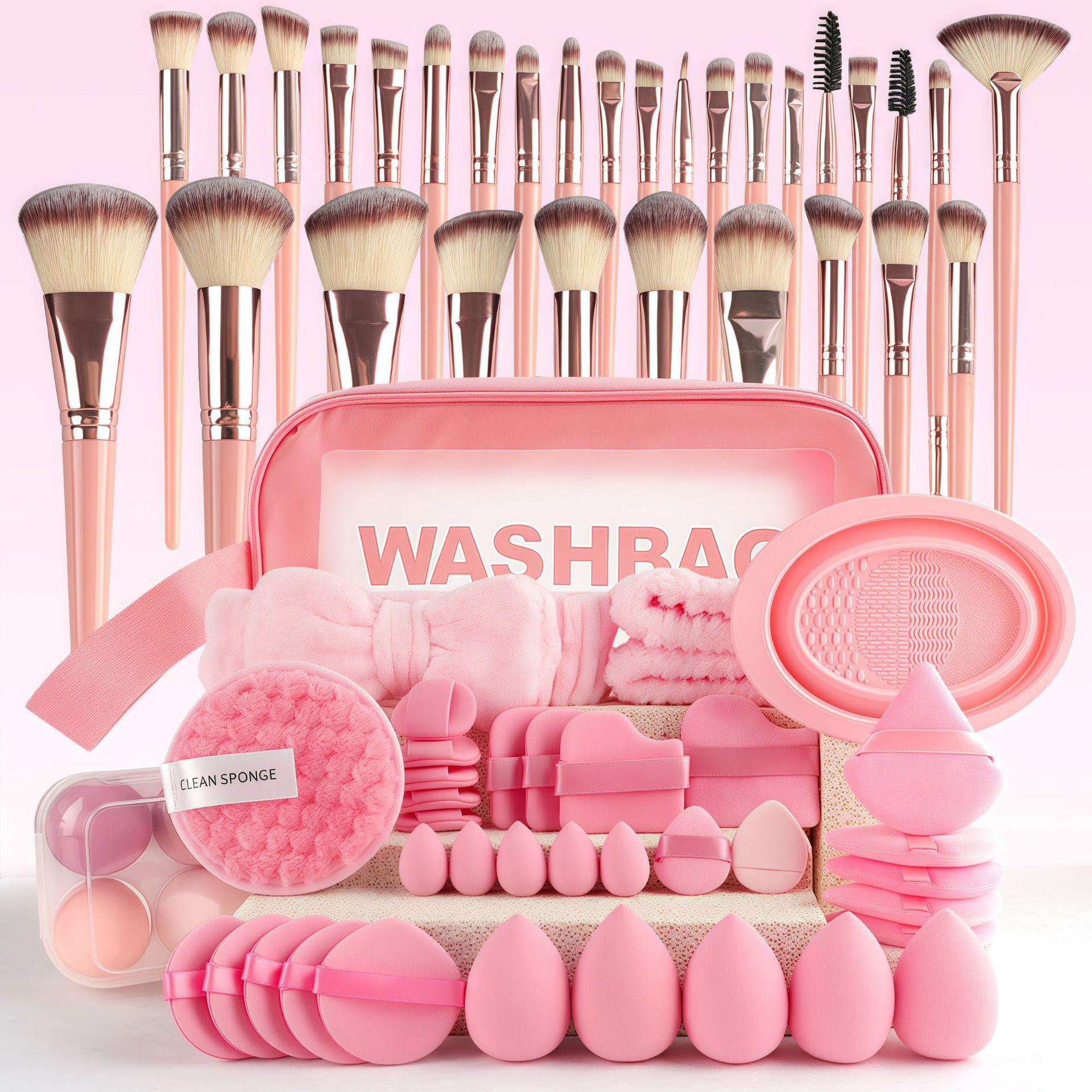 Beauty Tool Set Includes Makeup Brushes, Beauty Blender, Finger Puffs, Cushion Compact, Powder Puff, Cleansing Puff, Hair Tie, Travel Bag