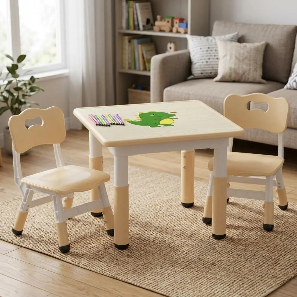 Height Adjustable Kids Table and 2 Chairs Set with Easy Clean Graffiti Desktop, Non Slip Legs Multi Activity Play Furniture for Playroom Nursery Study Area, Suitable for 2-10 Years Old Children, Beige