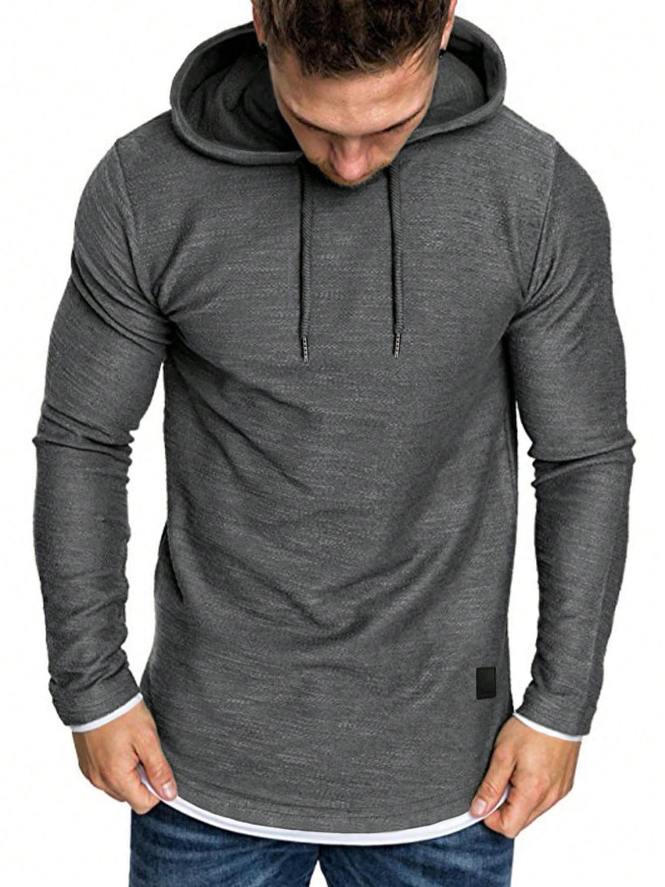 Men's Regular Fit Patched Drawstring Jersey Hoodie, Casual Fitted Long Sleeve Contrast Binding Sweatshirt for Spring & Fall, Fashion Men's Clothes for Daily Wear, Fitted Casual Outerwear