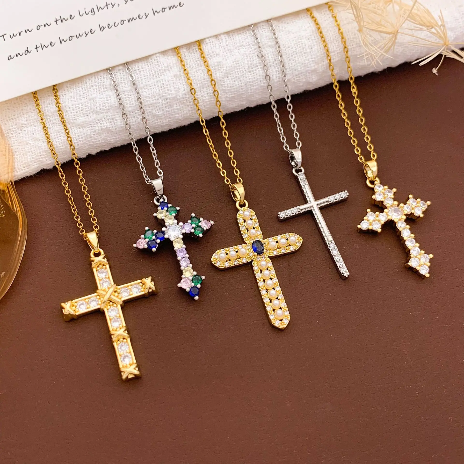 Cross Necklace for Women, Sparkly Cross Pendant with Colorful Stone and Pearl-Style Accents, Gold-Tone and Silver-Tone Christian Faith Jewelry for Everyday Wear and Religious Gifts
