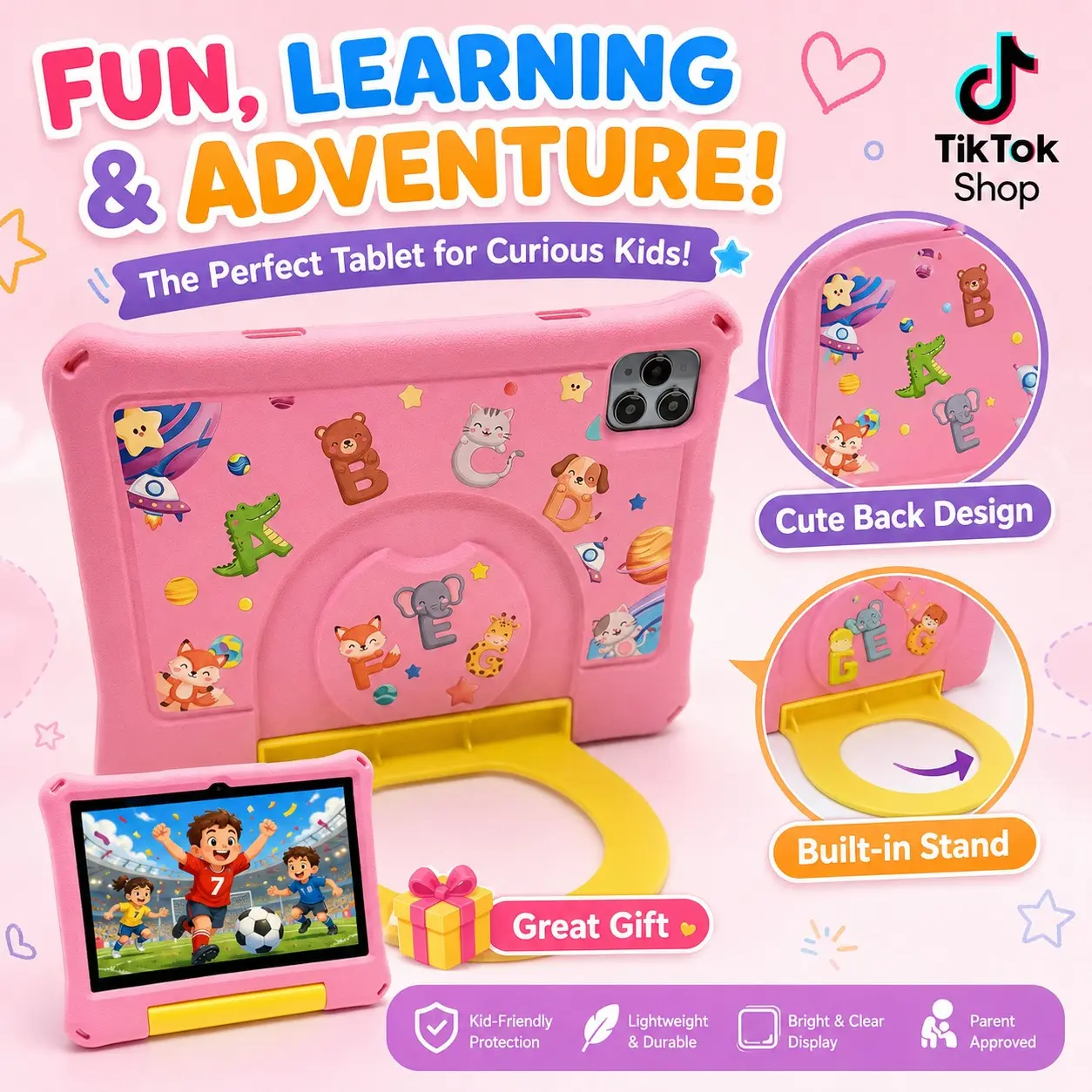 10.1 Inch Kids Tablet, 4GB RAM 64GB ROM, Android 12, Dual Camera, Kid-Proof Case with Handle, WiFi Learning Tablet for Toddlers, Holiday Gift
