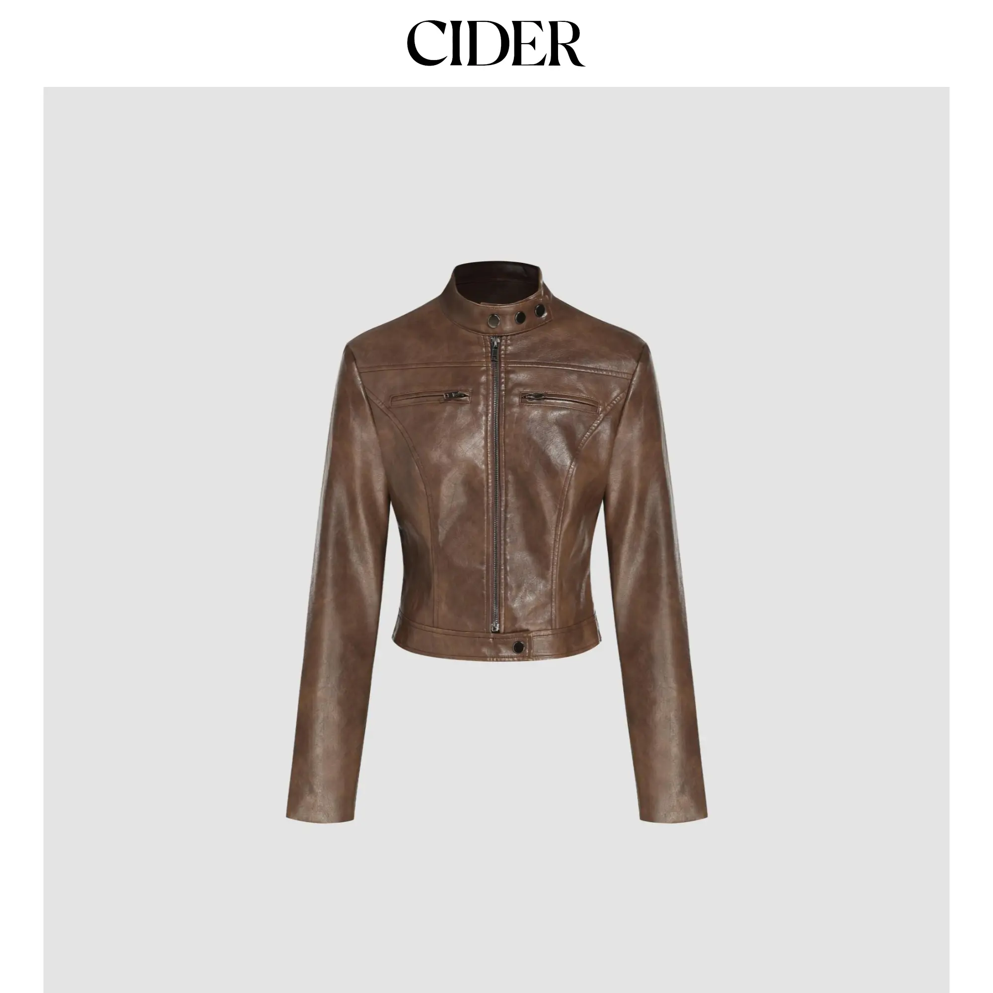 Cider Faux Leather Stand Collar Zipper Biker Jacket