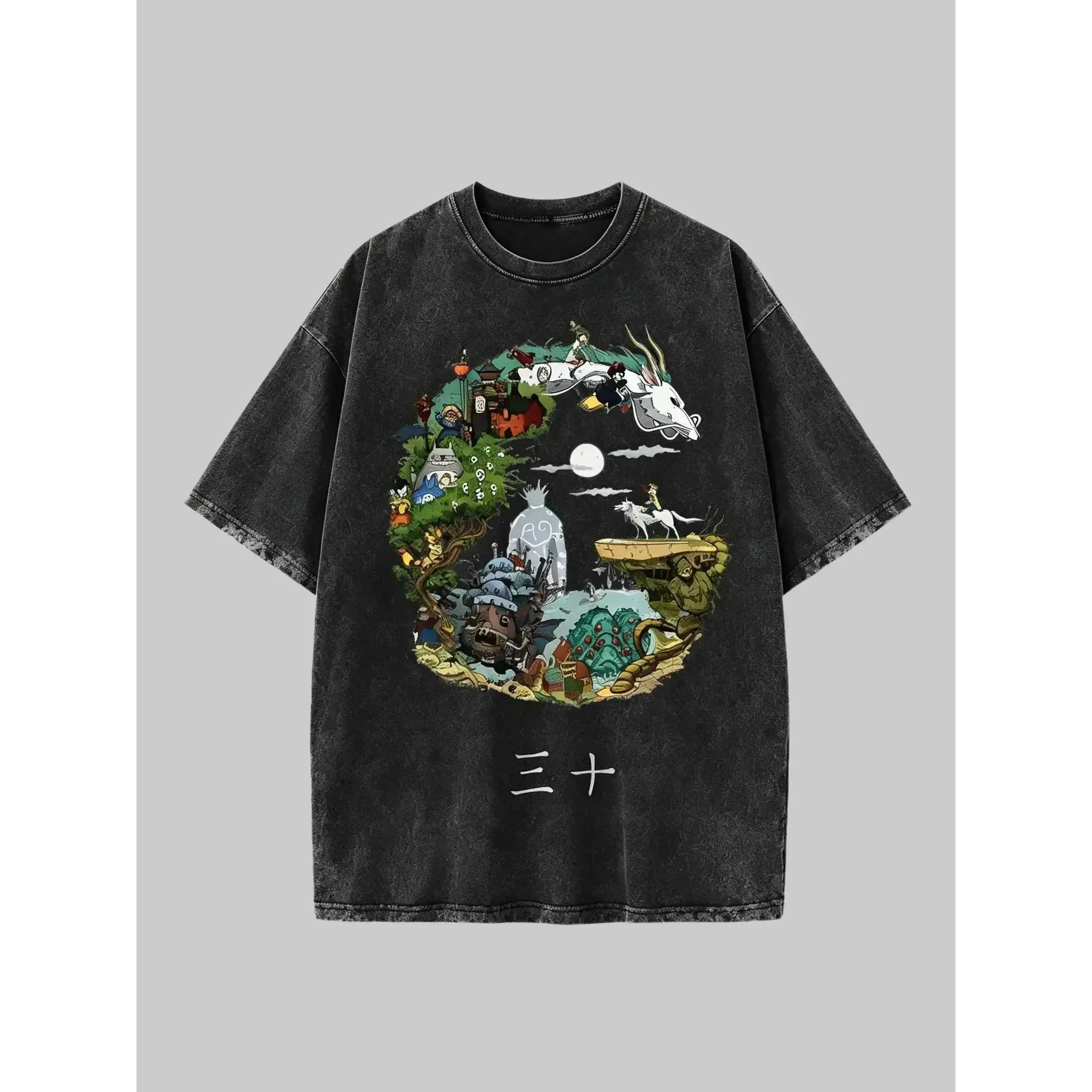 Vintage Acid Wash Studio Ghibli 30th Anniversary Graphic T Shirt Men Oversized Streetwear Retro Distressed Washed Anime Manga Spirited Away Totoro Big Print Short Sleeve Y2K Hip Hop Anime Merch Top