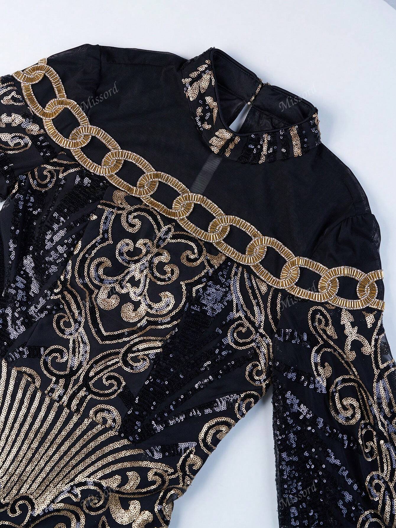 MISSORD Luxe Embroidered Ballon    DH80229 Formal Womenswear Fit  for Wedding Guest Graduation Dinner Black Floral Baroque evening maxi rehearsal dress long sleeve pram