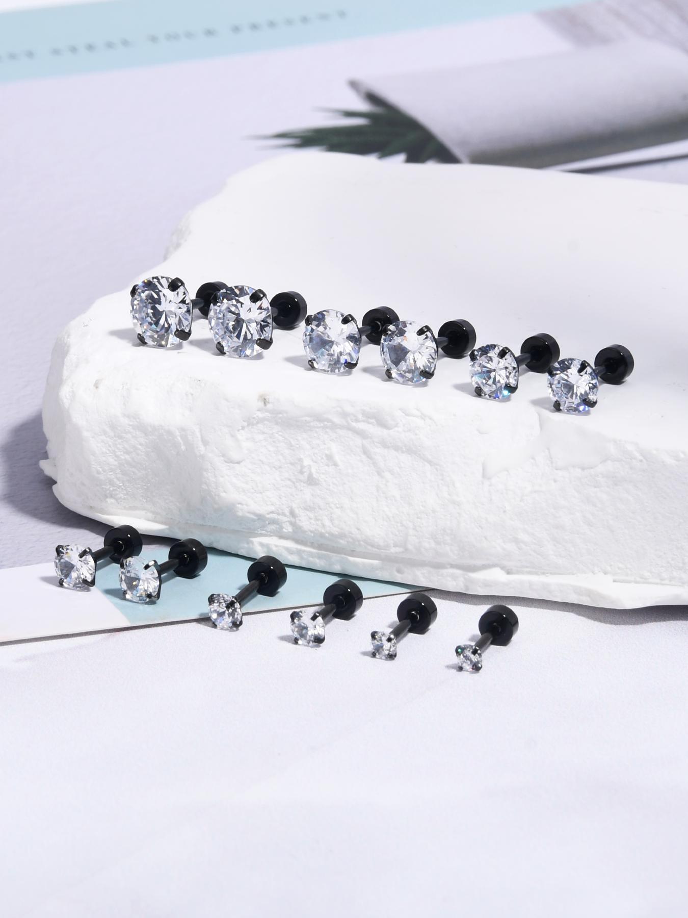 Multiple Sizes Cubic Zirconia Decor Ear Studs, Stainless Steel Material Ear Cartilage Piercing Jewelry for Women, Fashion Body Piercing Jewelry for Party, Daily Cubic Zirconia Decor, Funky Jewelry Six Pairs Variety, Rhinestone Embellishments