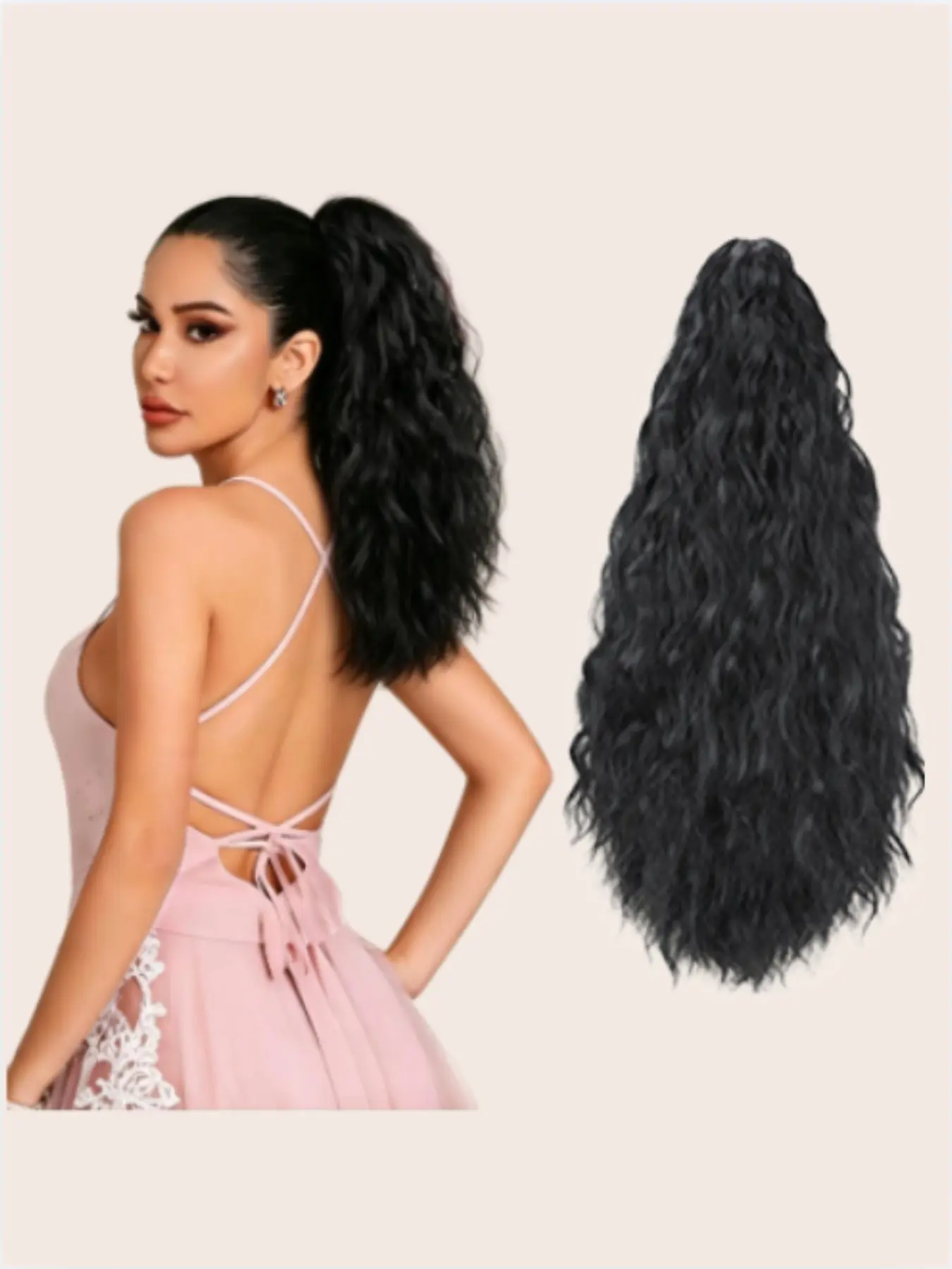 20 Inch Clip-In High Ponytail Water Wave Corn Curl Synthetic Fiber Hair Extensions, Wavy ponytail extension, Fluffy Fake Hair for Women, Synthetic hairpiece, Easy to Use