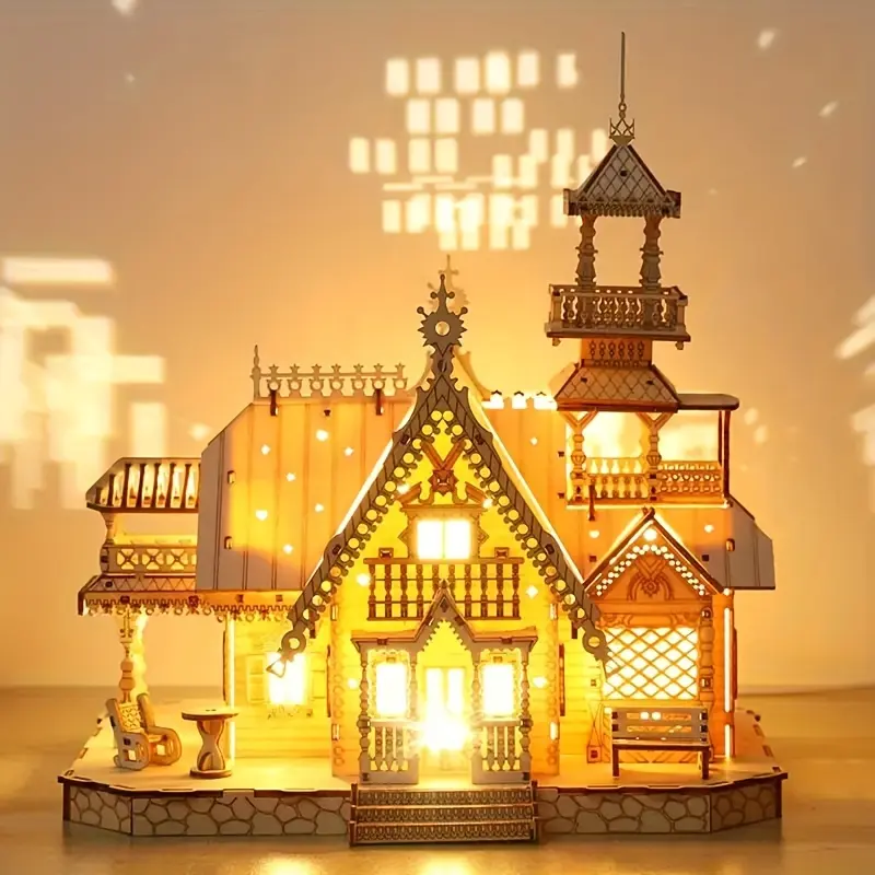 3D Wooden Architectural Model, 1 Box Creative Luminous House with Lights, DIY Assembly House Model, DIY Building Model, Birthday Gift, Holiday Party Gift