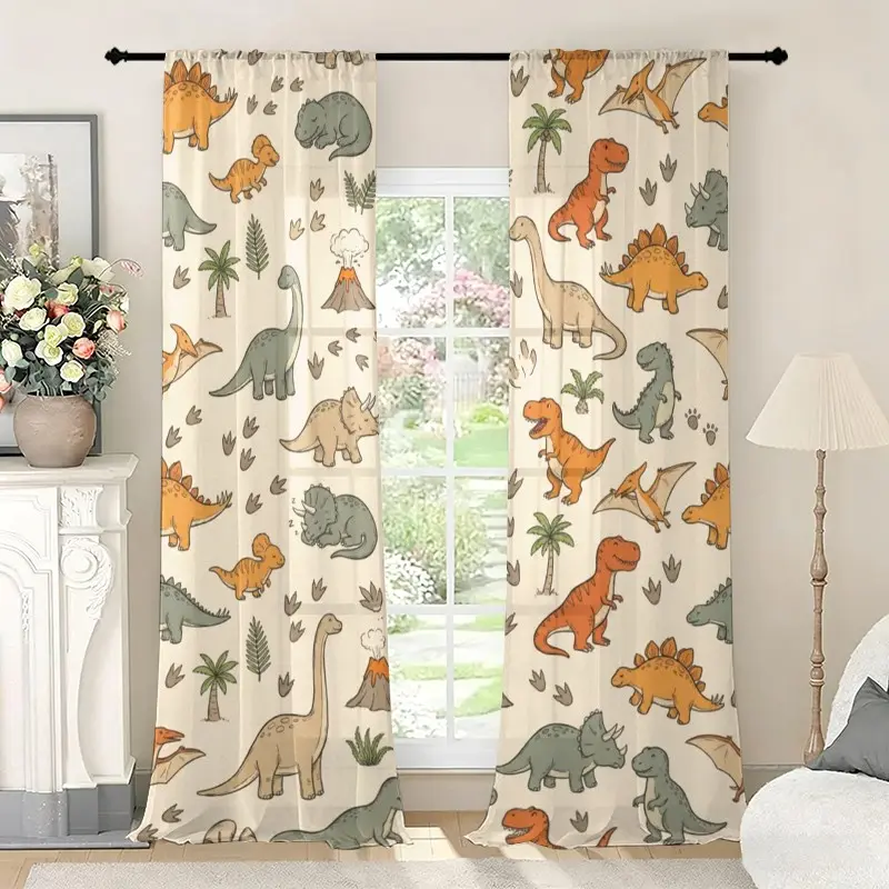 2D Plane 2-Piece Cartoon Dinosaur Plant Curtains, Durable Polyester Semi-Sheer Rod Pocket, Ideal for Bedroom, Living Room, Kitchen