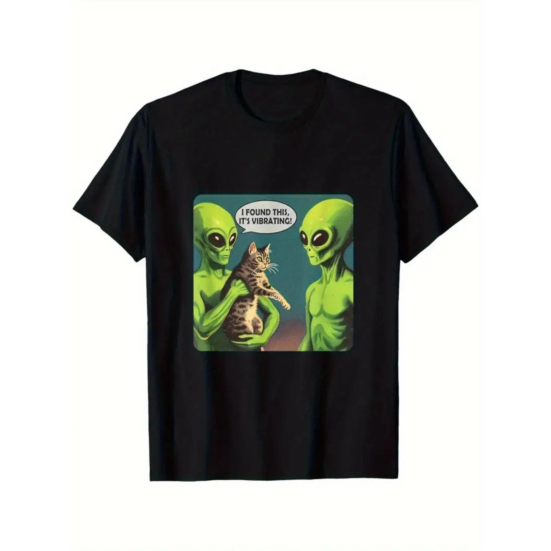 Men's Funny Alien & Cat UFO Graphic T-Shirt - "I Found This It's Vibrating" Saying - Black Sci-Fi Tee with Green Aliens - Soft Shirt for Casual Casual Attire, & Themed Parties - Machine Washable Adult Novelty Top with Round Neck & Short Sleeves - Playful