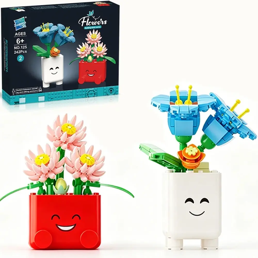 2‑Pack Cute Flower Potted Plant Building Blocks Set DIY Educational Bricks Toy Creative Desk Decor Gift for Kids Adults