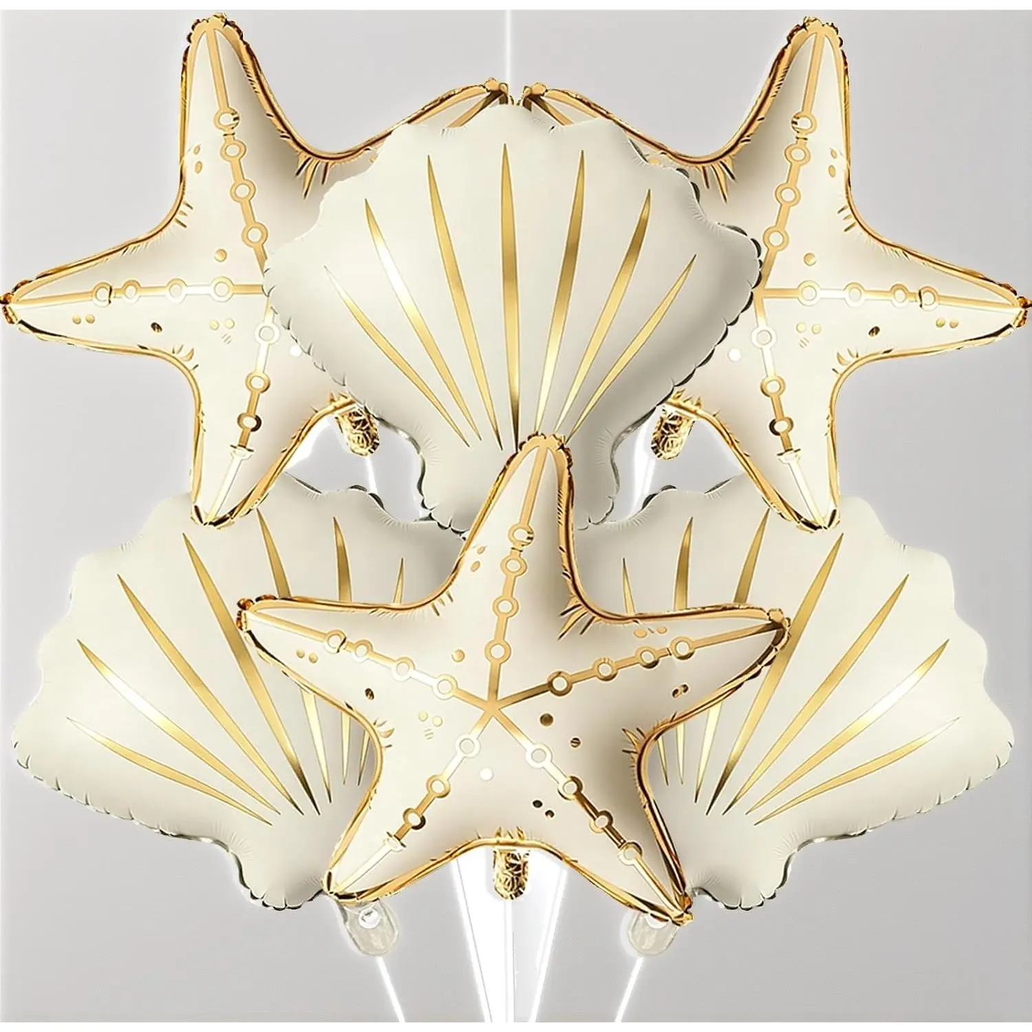 6Pcs Seashell & Starfish Foil Balloons – Large Creamy White Ocean Themed Balloons for Under the Sea, Coastal Bridal Shower, Baby Shower & Beach Wedding Decor