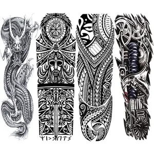 4 Pcs Dragon Tribe Full Arm Temporary Tattoo Stickers, Large Mechanical Maori Viking Style, Waterproof, Unisex, Long-Lasting Fake Tattoos