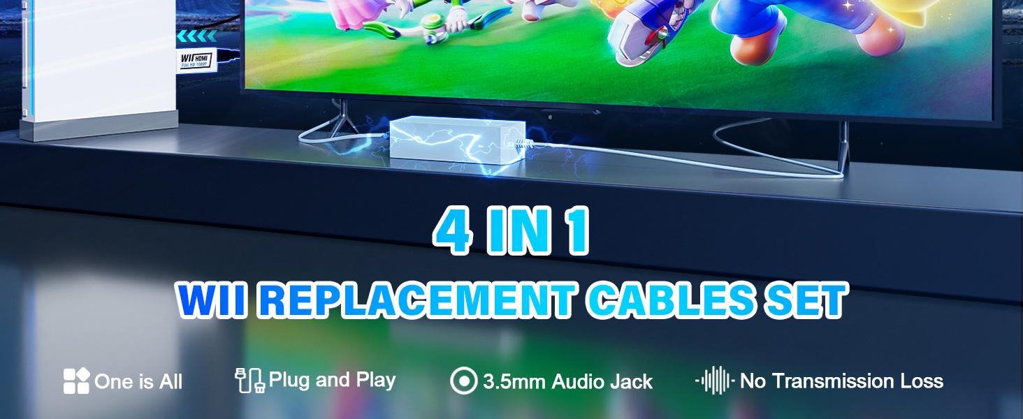 4 in 1 Wii Replacement Cables Set, Wii AC Power Adapter + Wii to hdmi Converter+ Wired Motion Sensor Bar and Composite Audio Video Cable for Nintendo Wii