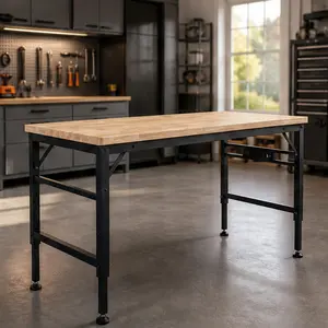 ARCH 60-Inch Adjustable Height Workbench, Heavy-Duty 2000 LBS Capacity Rubber Wood Top Workstation with 4 AC Outlets, Metal Frame, Black, for Workshop, Garage, Office, Home, Commercial Use, Black Color Options, Metal & Wood Material