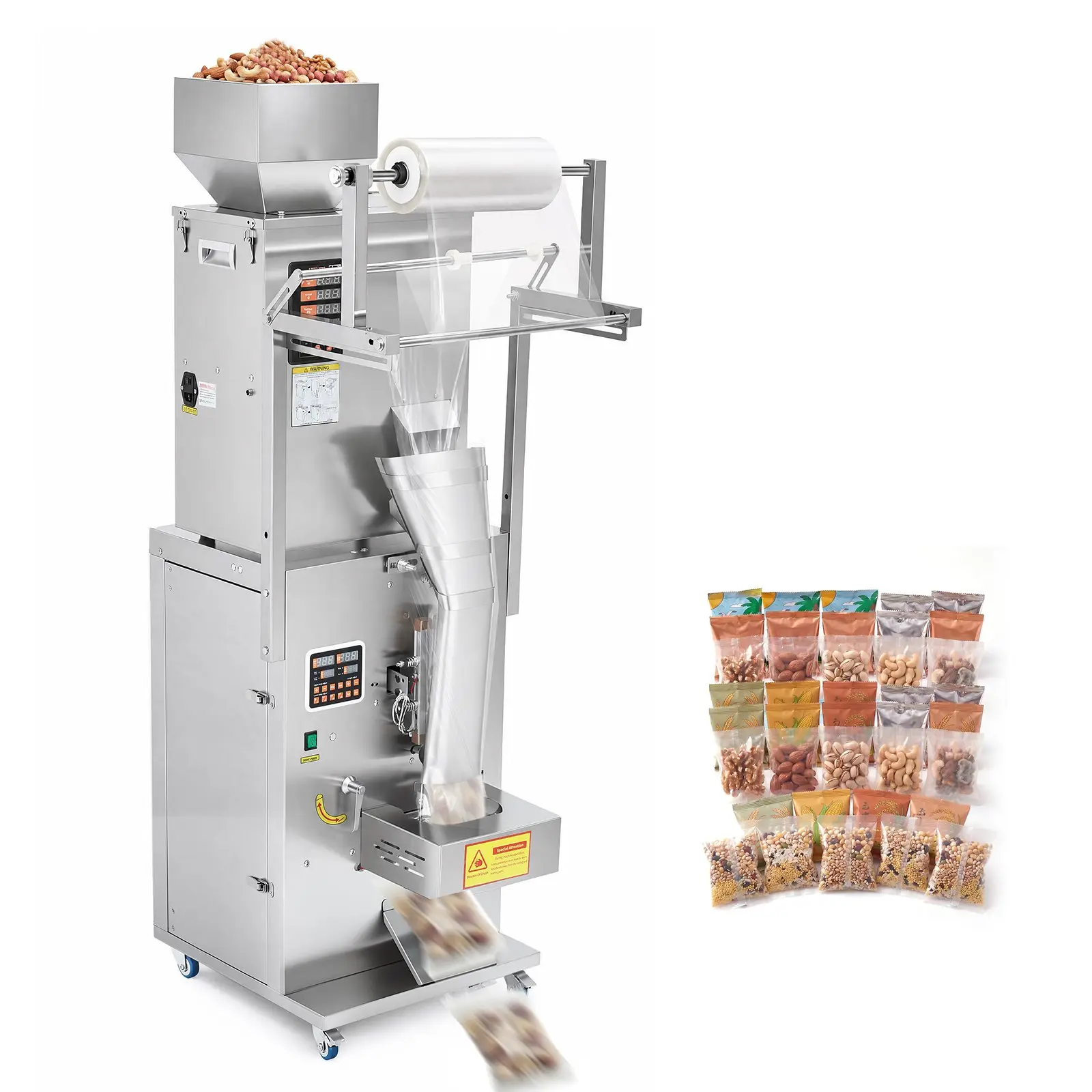 Powder Filling and Sealing Machine, 10-500g(0.02-1.1lbs) Automatic Particle Granule Packaging Machine, Stainless Steel, Weighing Filling Sealing, for Coffee Beans, Grains, Tea, Spices, Silver