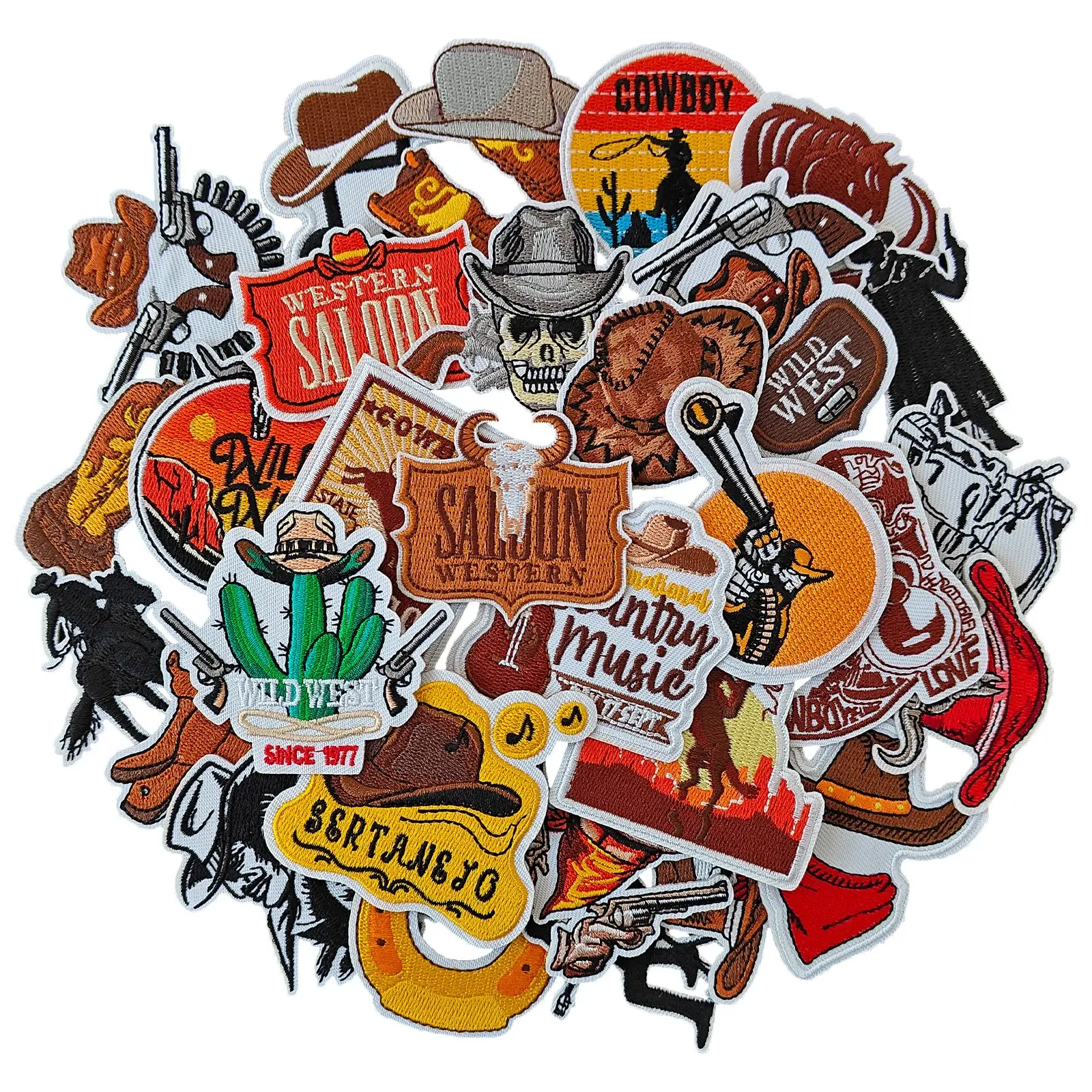 Western Cowboy Iron on Patches, 30 Pcs/Set Saloon Wild West Cactus Rodeo Embroidered Sew on DIY for Unisex Denim Jackets, T-Shirts, Hats, Backpacks