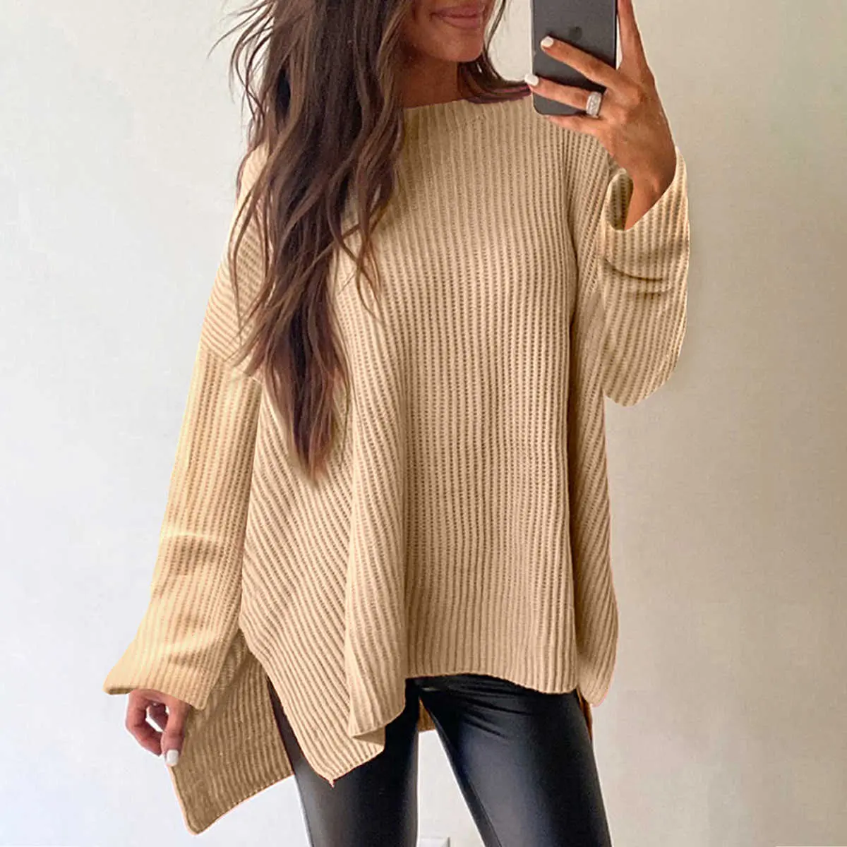 Casual Knitwear Sweater for Women, Apricot Cable Knit Pullover with Long Sleeves, Drop Shoulders, and Side Slits, Style, Tops