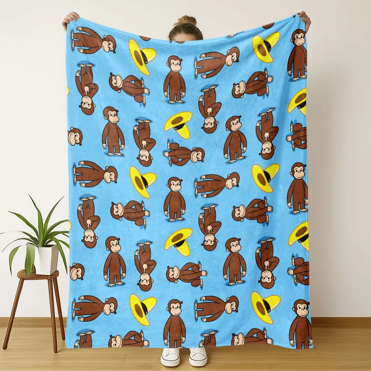 Classic Curious George Print Blanket, Graphic Throw Blanket, Soft and Warm, Multi-Use for Sofa, Bed, Office, Camping, Travel, Animal Lovers Gift, Soft Blanket Throw