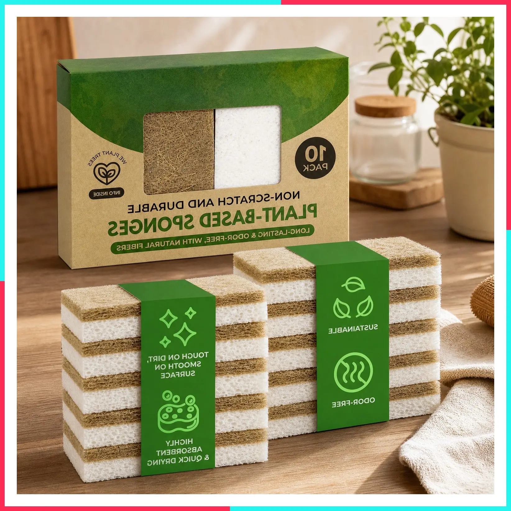 10 Pack Biodegradable Natural Kitchen Sponges - Compostable Cellulose & Coconut Walnut Scrubber - Eco-Friendly Dish Sponges