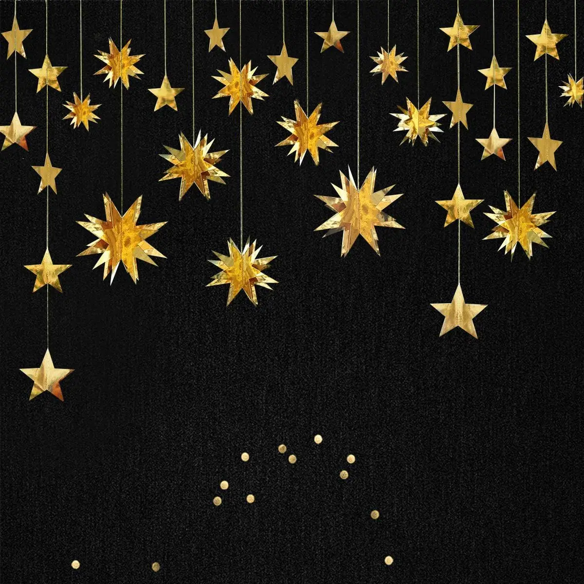 Gold Party Decorations Star Garlands Streamer Gold 3D Stars Metallic Paper Hanging Bunting Banner for Birthday Wedding Baby Bridal Shower Holiday Christmas Ramadan EID Mubarak Party Supplies