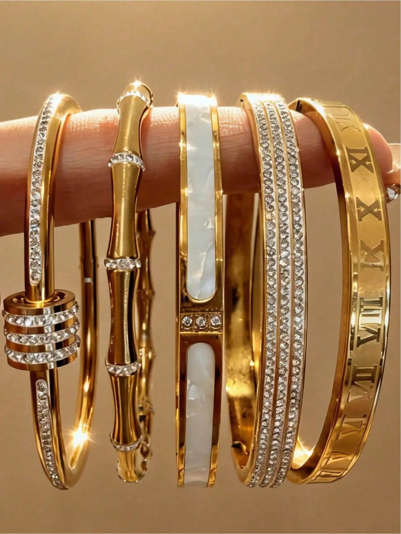 5pcs/Set Minimalist Elegant Luxury Sparkling Star Bangle Jewelry Bracelet, Titanium Steel Bracelets Set For Women, Bracelet Stack, Bracelet Sets