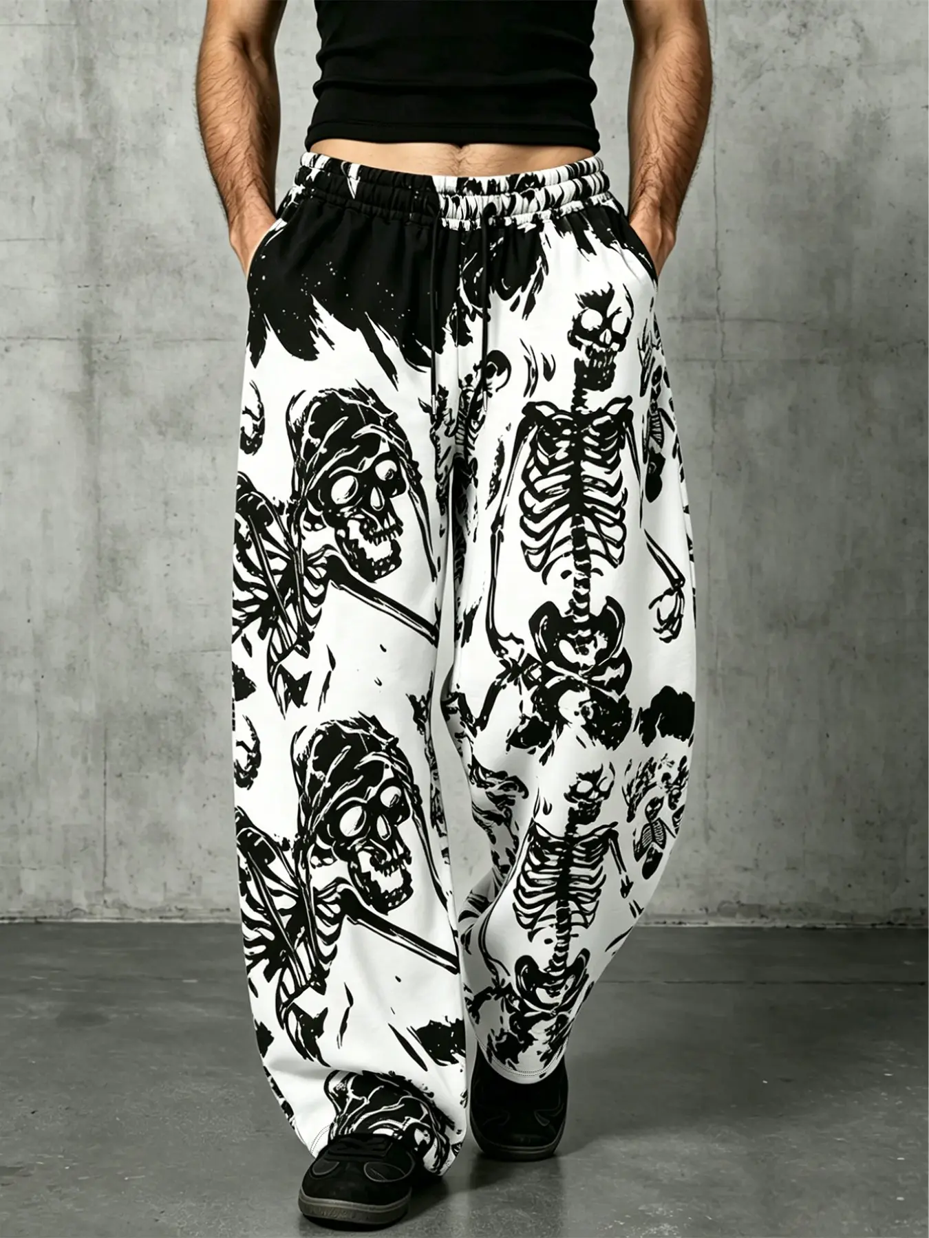 Gothic Skull Skeleton Full Print Wide Leg Oversized Sweatpants, Men Y2K Dark Streetwear, Loose Drawstring Baggy Trousers, All Seasons