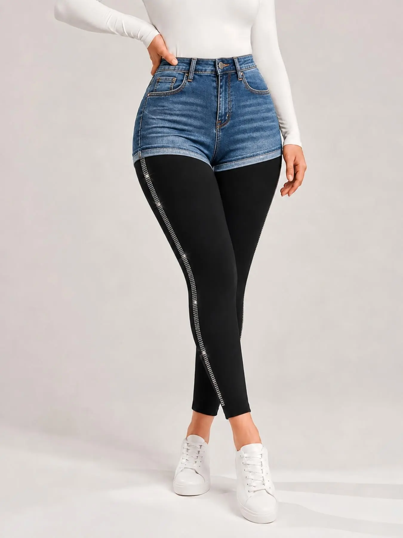 Women's Rhinestone Side Stripe Ankle Leggings, High Waist Stretch Pants, Casual & Street, Comfortable Fit, Print, Stretchy, Bottoms