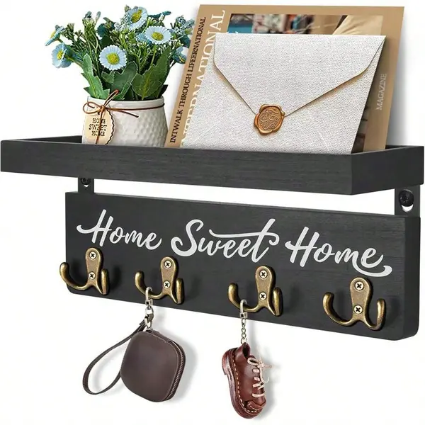 Decorative Wooden Pine Wall-Mounted Key & Mail Holder with 4 Double Hooks - Home Organizer Storage Rack for Entryway, Wall Hanging Hooks for Home Supplies