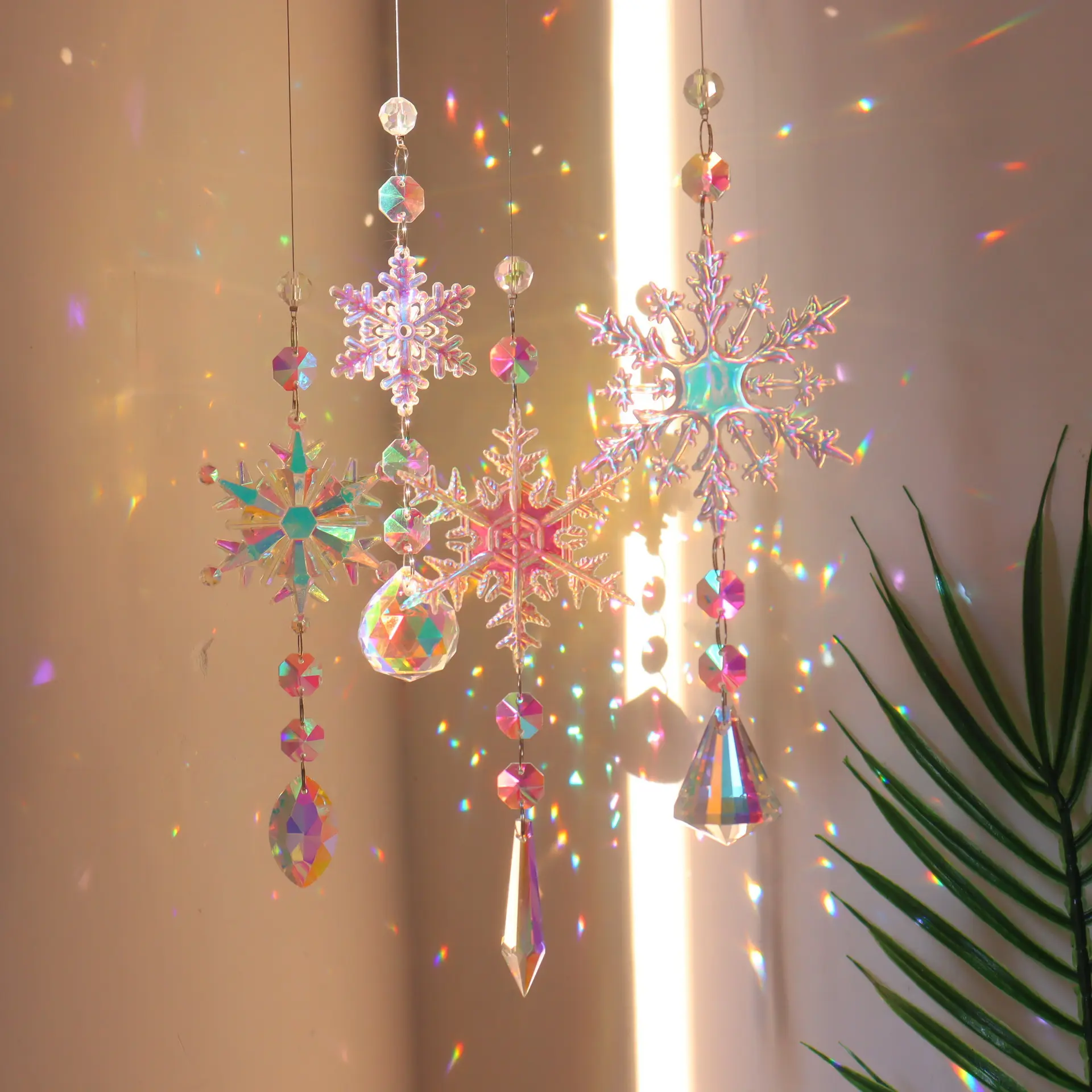Colorful Rainbow Snowflake Glass Prism Suncatcher, Iridescent Crystal Window Hanging Ornament for Christmas & Indoor Home Wall Decor