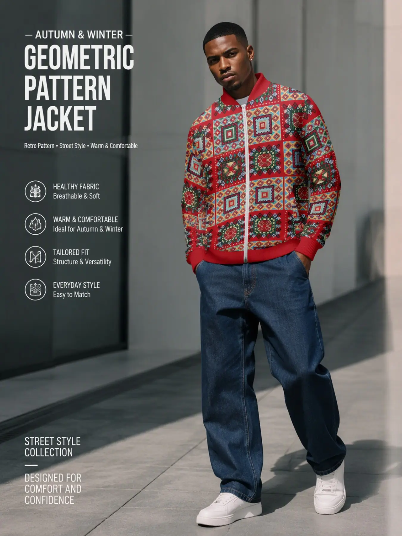 Men's Vintage Folk Pattern Full Zip Bomber Jacket, Aztec Geometric Print Windproof Jacket, Bohemian Streetwear Fall Winter Outerwear