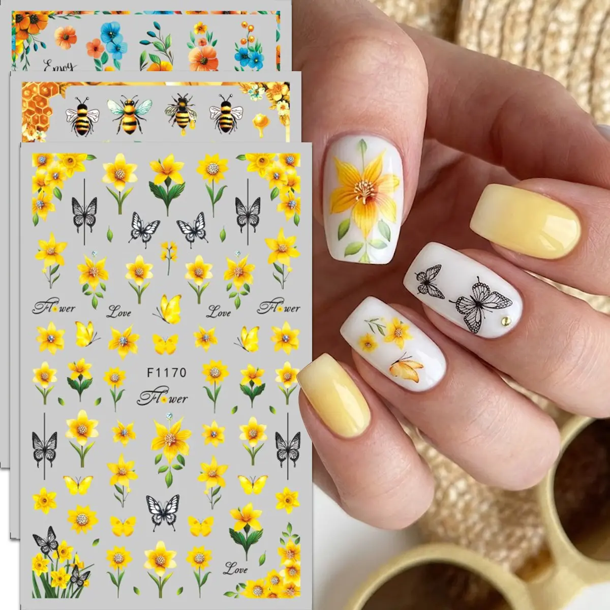 3 Sheets Sunflower Bee Floral Nail Art Stickers, Daisy Butterfly Honey Design, Self-Adhesive Nail Decorations, Professional Manicure Supplies