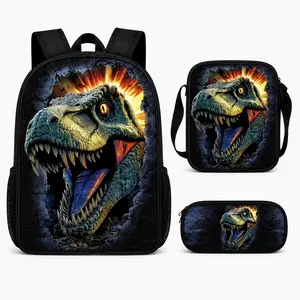 Large Black Dinosaur-Themed Backpack Set - Black, Adjustable Zippered, Animated Graphic, Beasts Graphic, Artistic Cartoon Backpack with Lightweight Design, Dinosaur Figure, Animal-Faced Character for Teenagers' Daily Commutes, Black Backpacks, Adjustable