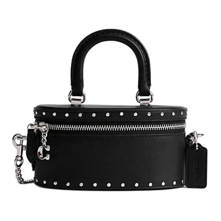 COACH Trail 17 Rivet-Embellished Wraparound Zip Top Handle, Shoulder, and Crossbody Bag for Women, Small Size, Black Leather