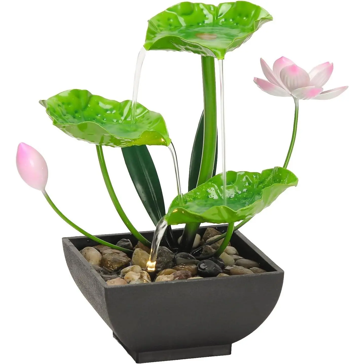 3-Tier Tabletop Indoor Lotus Water Fountain with Rocks, Soothing Sound Machine, Green Home Desk Decoration for Relaxation