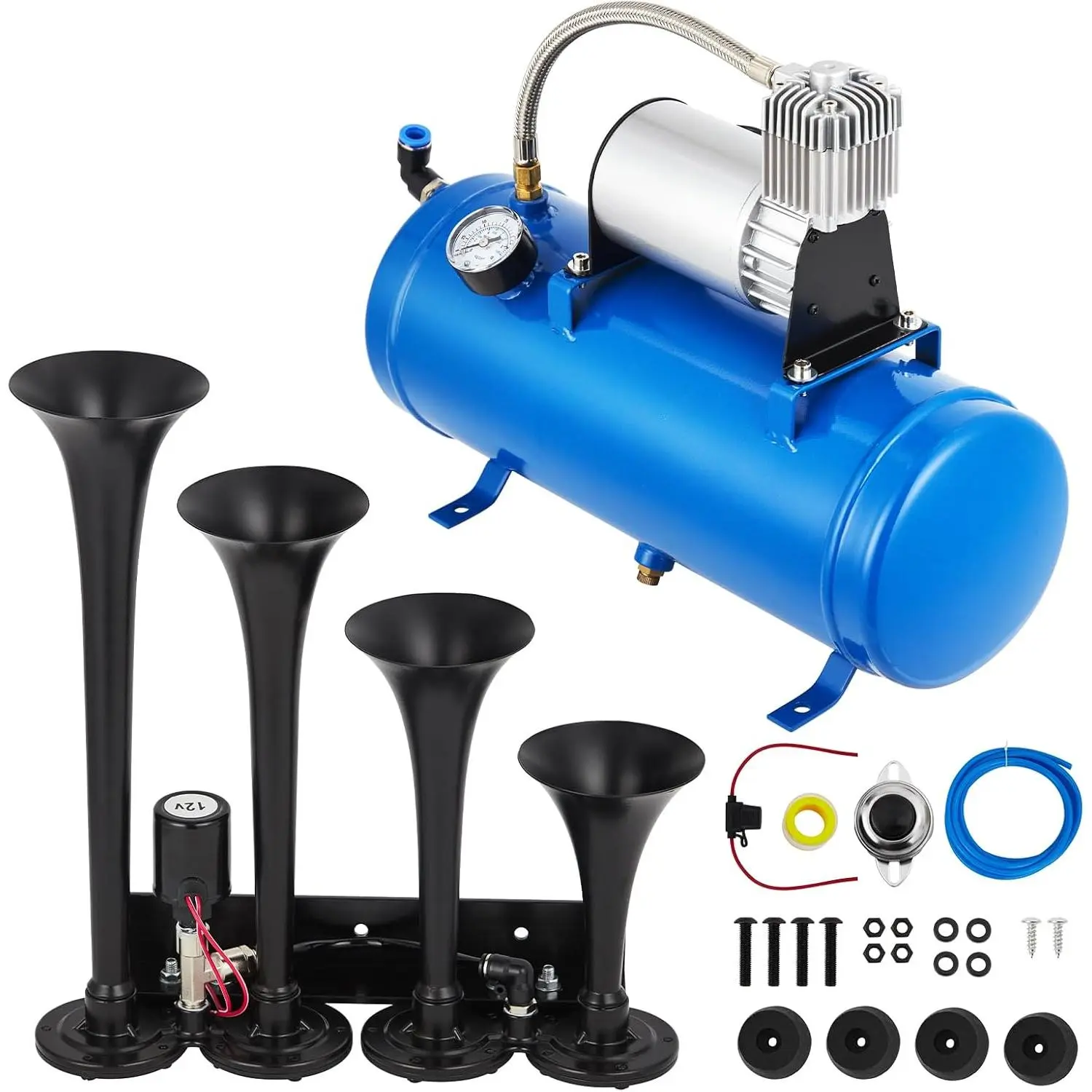 150dB 4-Trumpet Train Air Horn Kit for Truck, SUV, RV, Motorcycle, Semi, Boat – Loud Steel Speakers, Global Mount – 1.6 Gallon Tank, 12V 150 PSI Compressor – 4 Speakers Inline, 6L/1.6 Gal