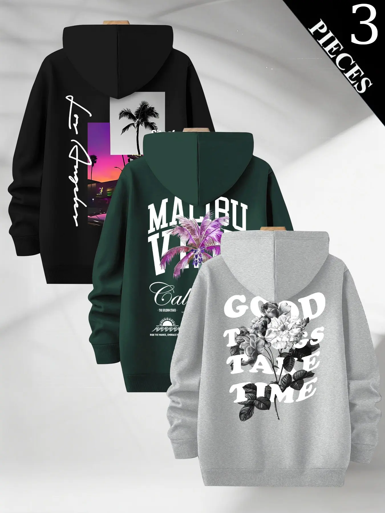 Men's Casual Loose Fit Hooded Sweatshirt, Trendy Graphic Letter Palm Tree & Floral Print Long Sleeve, Perfect for Daily Outdoor Wear