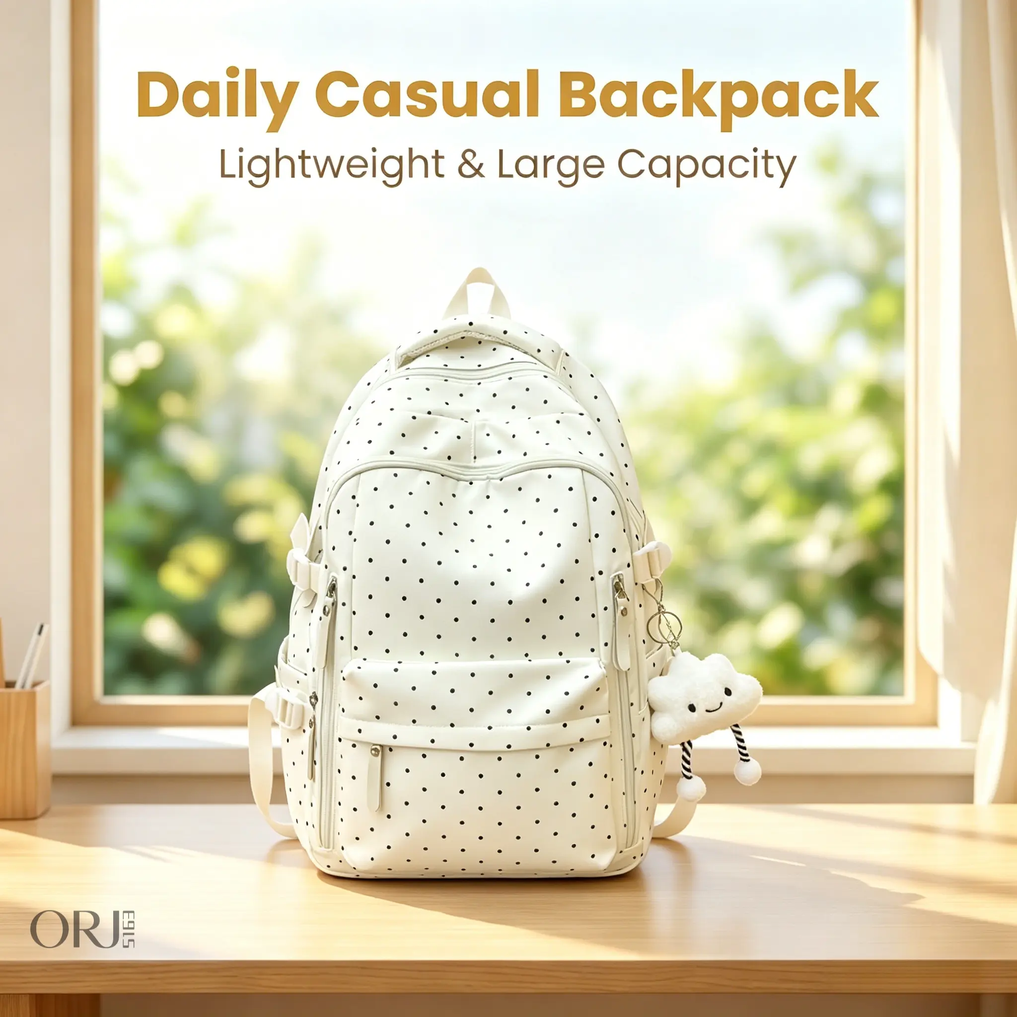 Cute Cream White Polka Dot Large Capacity Backpack, Multi-pocket Casual Daypack for School Work Travel,cosplay,accessory,,wearable,tech,Boho,Wooden,Photo Display with Clips,belt,bag,,cool,gift,,crossbody,,stuffed,animal,,Touchscreen,Winter,Ac,zip,,design,