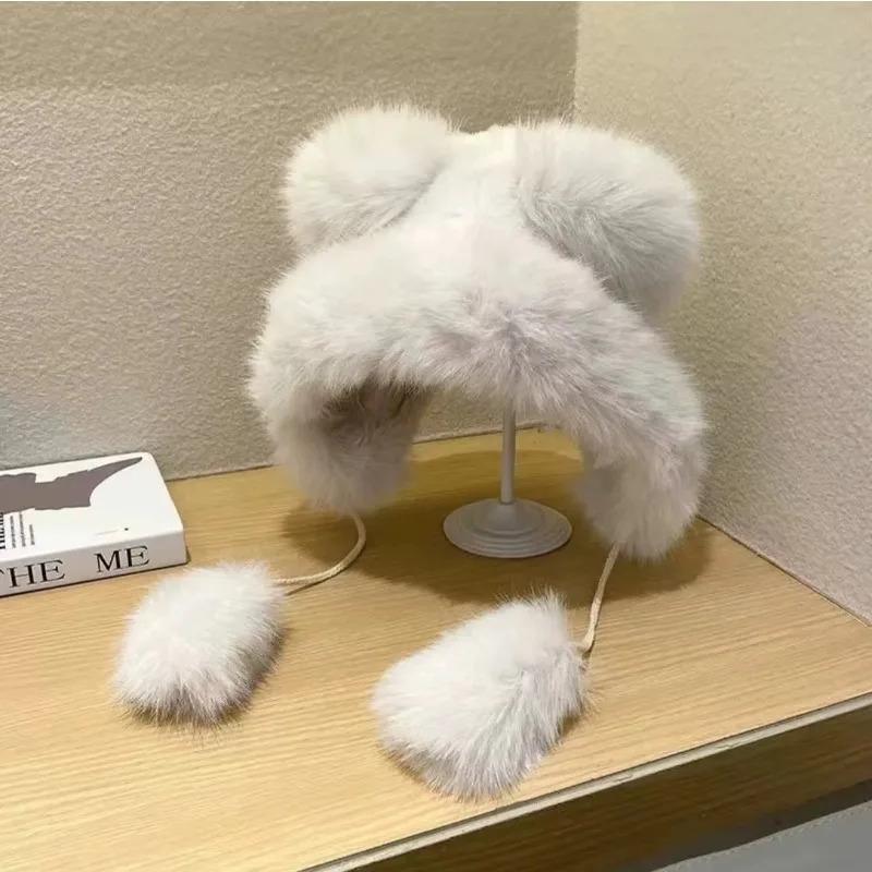 Winter  New Women's Plush Cute Bear Ear Hat ,Thicken and Warm Ear Protection Wind and Snow Hat  Plush Little Bear Lei Feng Hat