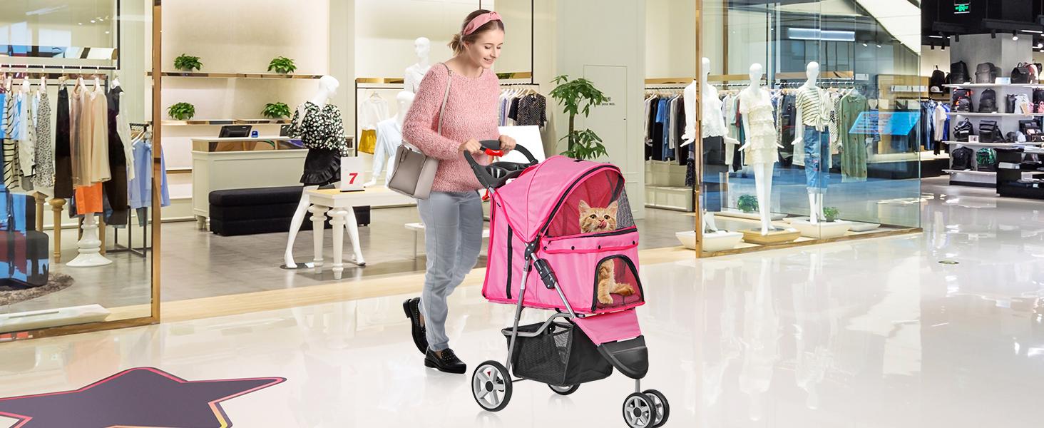 Foldable Pet Stroller for Cats and Dogs 3 Wheels Carrier Strolling Cart with Weather Cover, Storage Basket + Cup Holder (Pink)