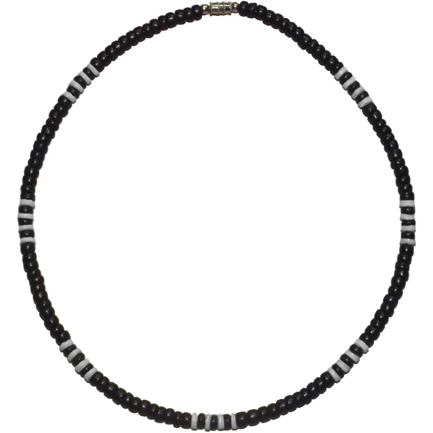Unisex Classic Beaded Puka Necklace - Black Coconut, White Ark Shell Beads, Steel Cable, Multi-Size for Surf Beach Costume Jewelry Accessories